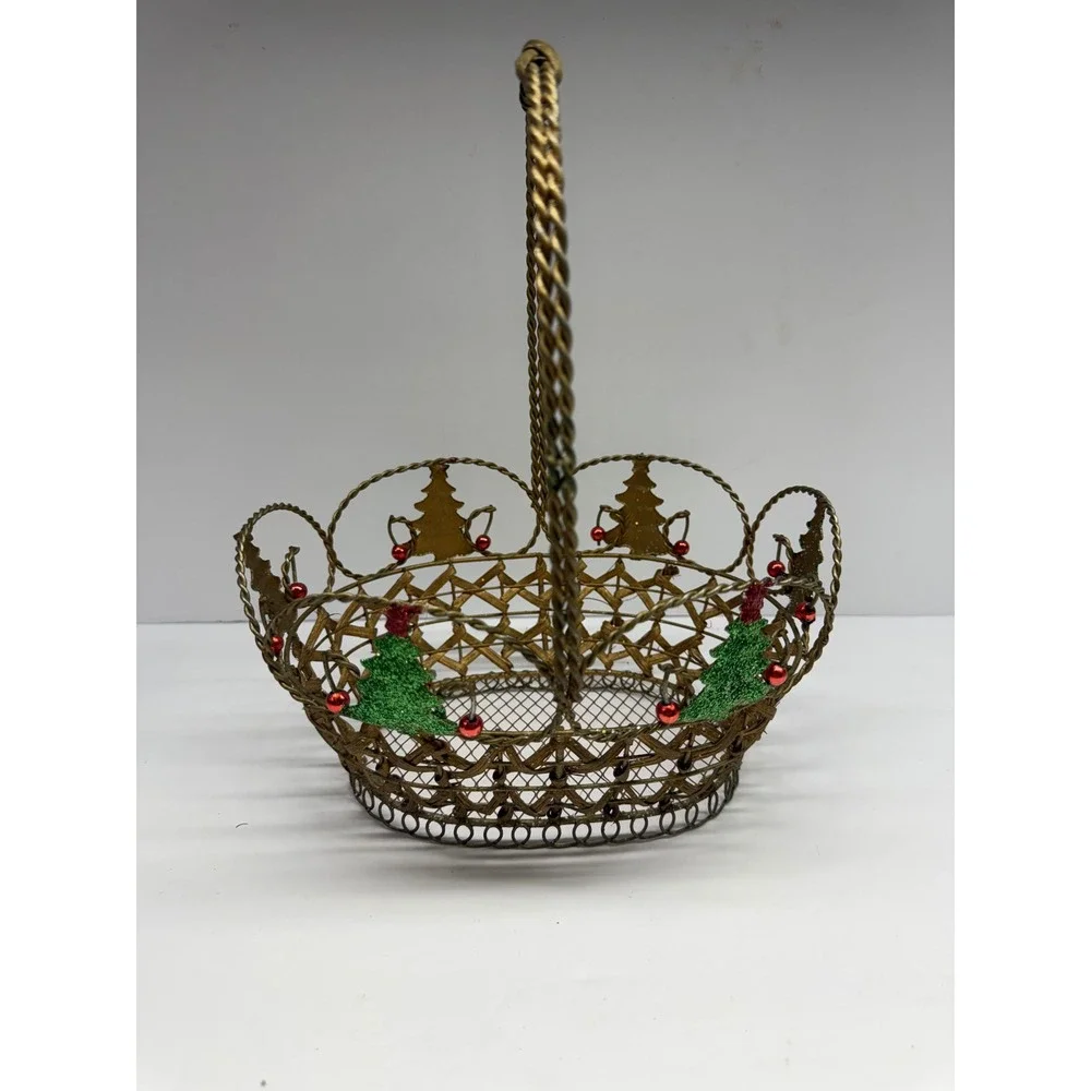 Vintage Gold Wire Christmas Basket Glitter Trees Red Berries Holiday Decor 11in